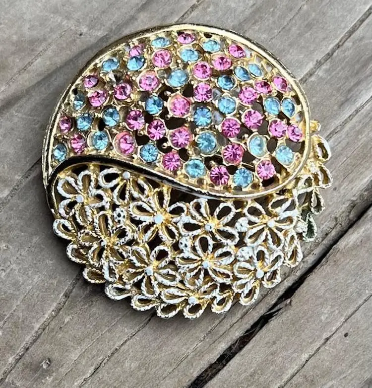 Vintage Pink and Blue Crystal Floral Brooch Pin