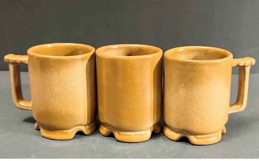 Vintage Frankoma Pottery C1 Brown Plainsman Footed Tea Coffee Mugs Set Of 3