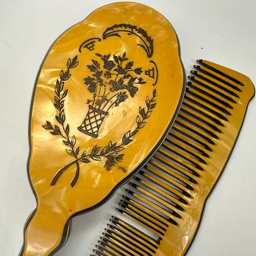 Vintage 1930s Amber Celluloid Vanity Hair Brush & Comb Pearlized Art Deco