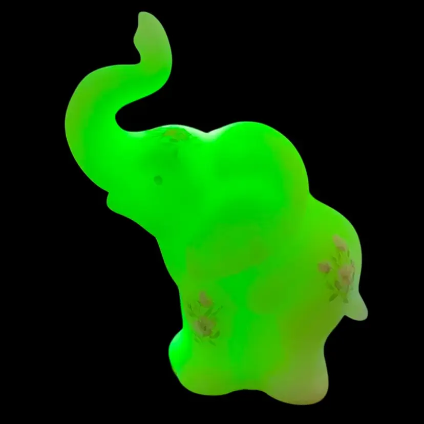 Fenton Custard Satin Uranium Glass Hand Painted Elephant L. Sams