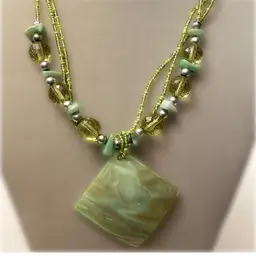 Florence Green Glass Beaded Necklace With Abalone Pendant