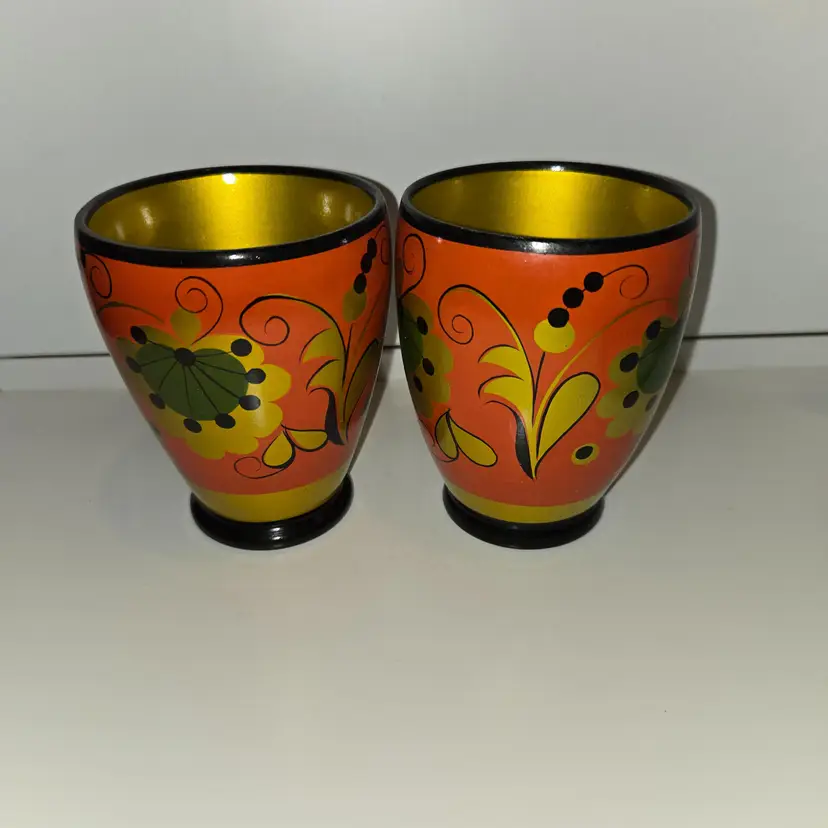 VTG Russian Khokhloma Wooden cups hand painted set of 2