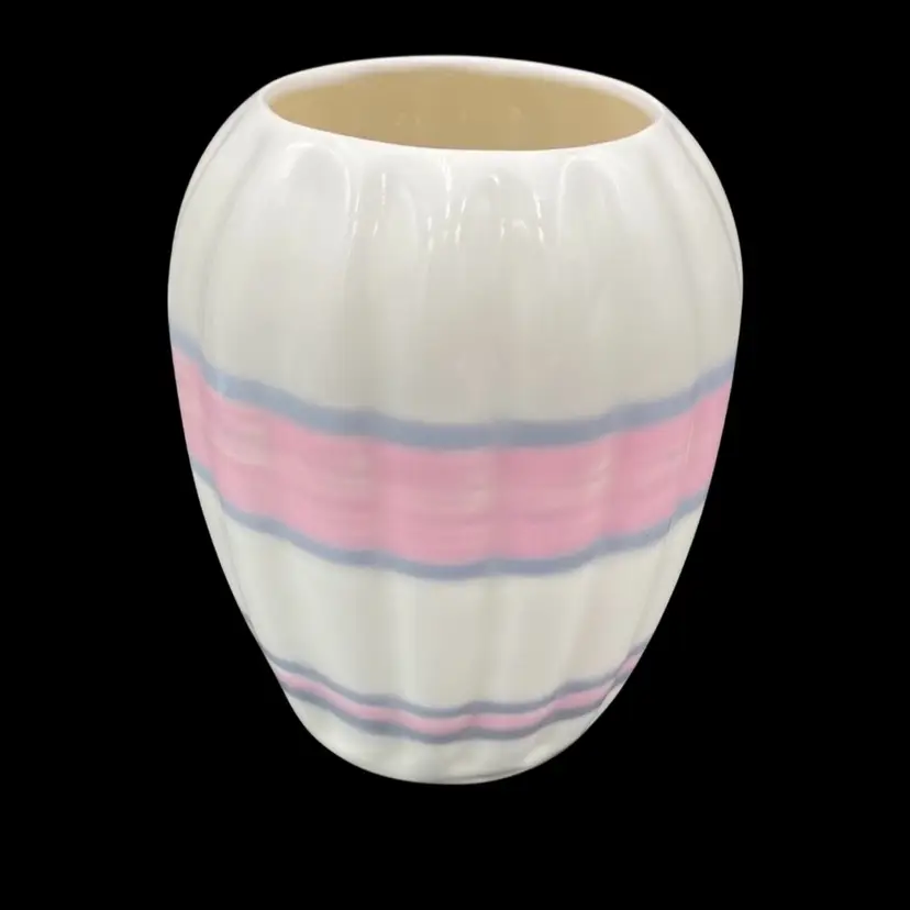 Vintage Studio Pottery Ceramic Vase, Cream w/Pink and Gray Stripes, 7.8", Signed