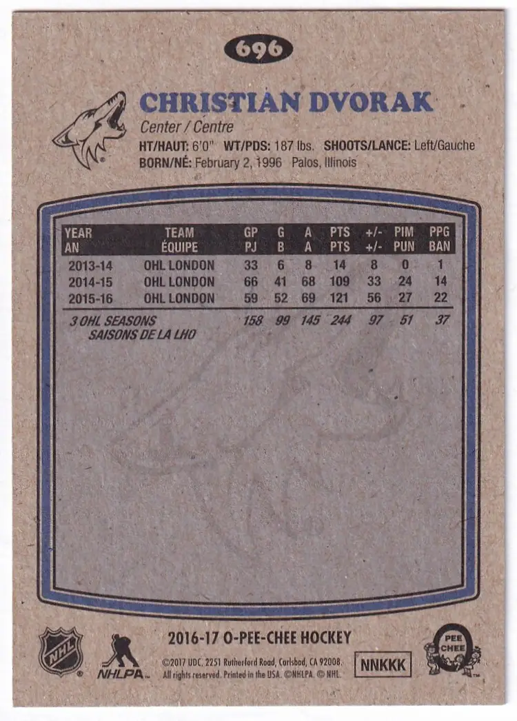 2016-17 O-Pee-Chee Retro #696 Christian Dvorak Arizona Coyotes Hockey Card