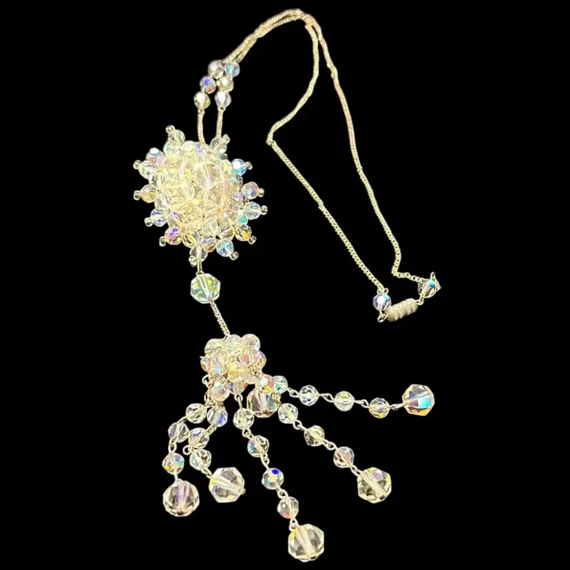 Single Strand AB Glass Vintage Necklace With twist Closure Doubles As Broach Or Silver Tone Necklace