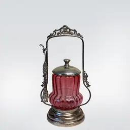 Antique Cranberry Pickle Castor Quadruple Plate With Tongs New York Glows
10-1/2” T x 5-5/8” L