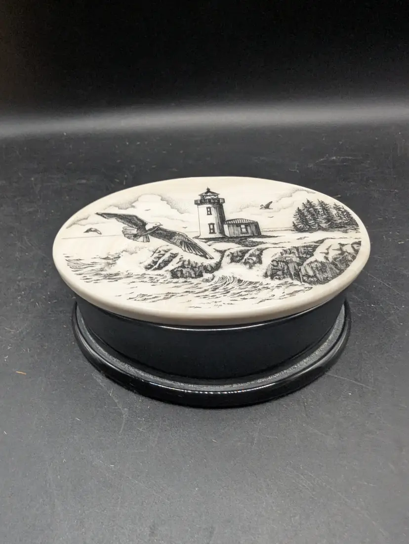 Vintage Scrimshaw Style Resin Oval Lighthouse Scenic Trinket Box with Lid 4.5" x 3" and 1.5" Deep.