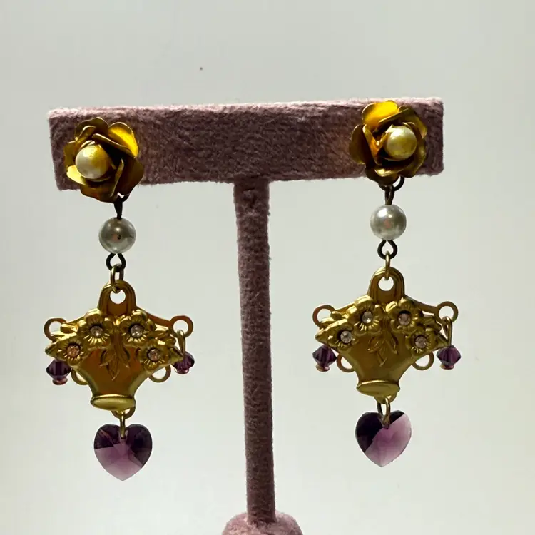 Cute Gold Tone Flower Basket Dangle Earrings Purple Stones Faux Pearls