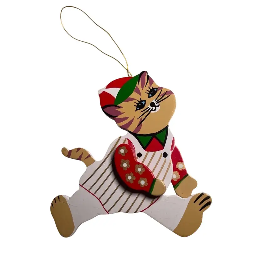 Painted Wooden Kitty Cat in Clothing Christmas Ornament Vintage 4"x3.5"