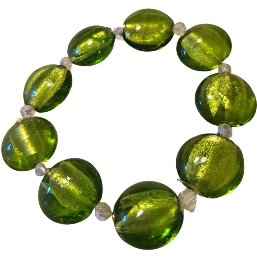 Green art glass bracelet with clear spacers