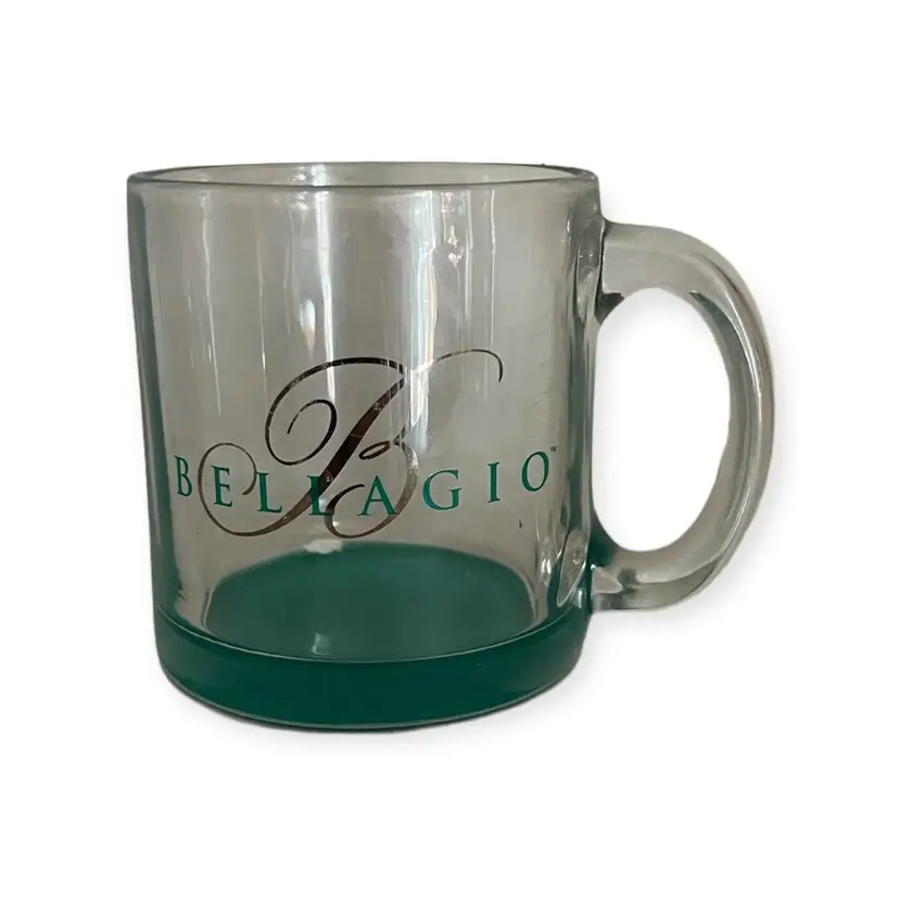 Vintage Bellagio Hotel & Casino Las Vegas Glass Mug. Clear Glass with Aqua Base.
