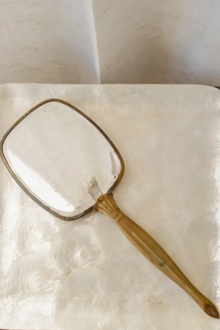 Antique Vintage Etched Brass Vanity Hand Mirror 13" Ornate Victorian Floral