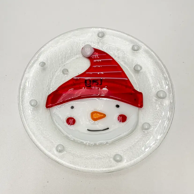 Fused Glass Snowman Christmas Cookie Decorative Dessert Plate by Tag 6"D B25