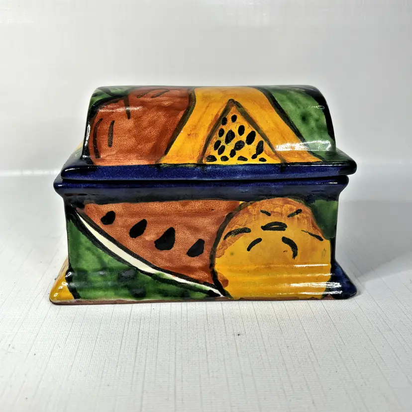 Signed Talavera Handpainted Trinket Box Treasure Chest Rectangle Mexico Pottery Vintage