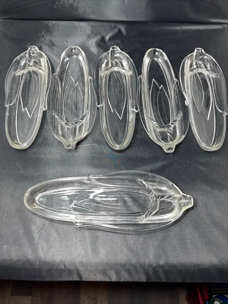 Vintage Clear Anchor Hocking Corn On The Cob Serving Ware- Set Of Six Trays