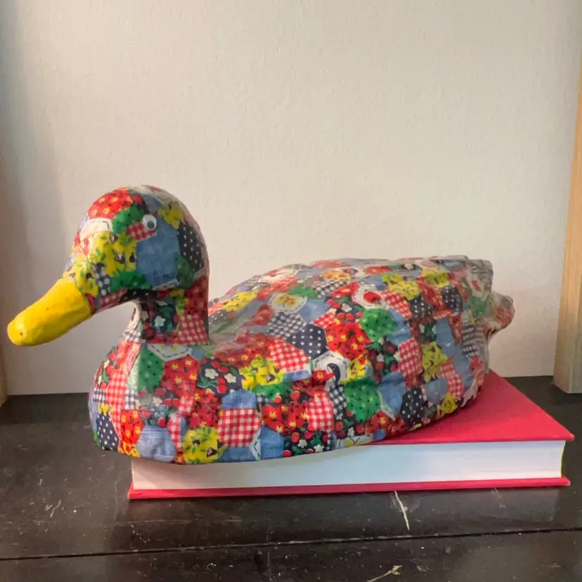 Vintage Floral Quilt Look Decoupaged Paper Mache Duck  15” x 6.5”