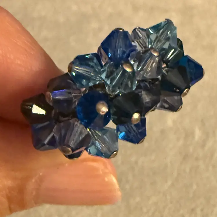 Blue Czech Glass Beads Cha-Cha 925 Sterling Silver Square Ring Size 8 Unmarked Tested