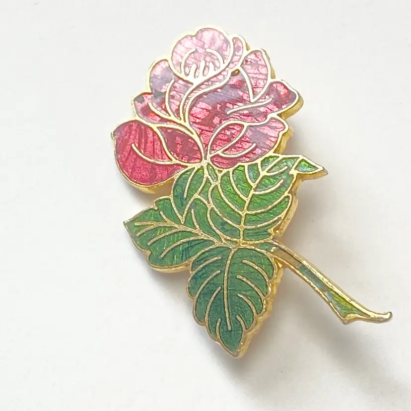 Vintage A.G.C. Cleveland Enamel Red Rose Green Leaf Gold Tone Lapel Pin Brooch