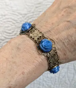 Antique Bracelet with Blue Glass Flower Cabachons