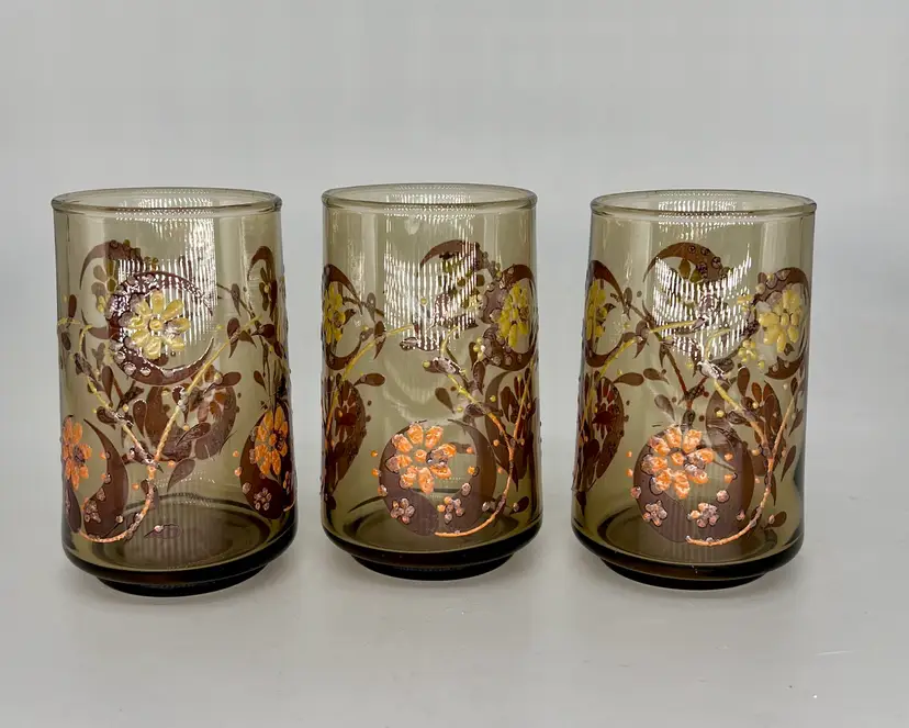 Set Of Three Vintage Libby Brown Amber Daisy 4” Juice Glasses