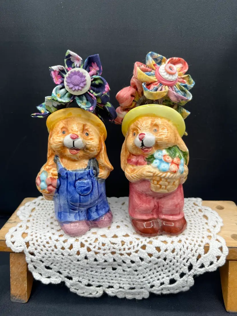 Made By Me Fabric And Vintage Button Flowers In A Pair Of Vintage Rabbit Shakers 5.5” x 2.5”