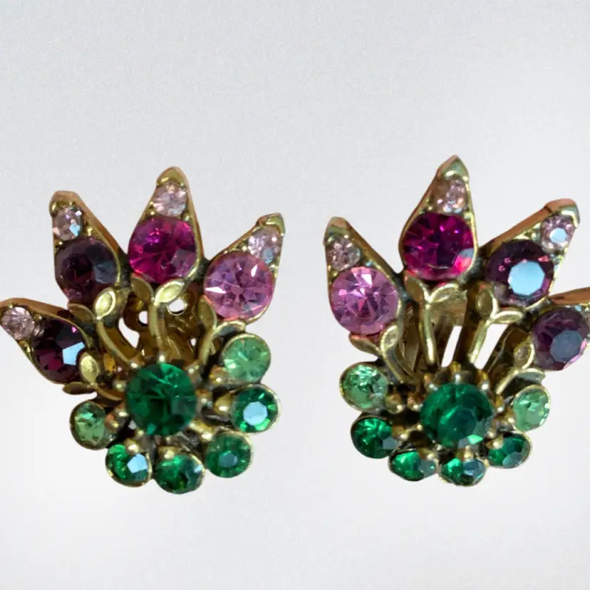 Vintage Florenza Multi-color Floral Clip On Earrings