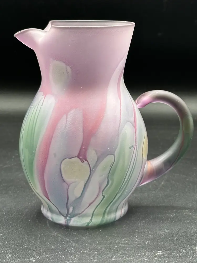 Vintage ART NOUVEAU Blown Glass Rueven Art Hand Painted 5.5” Pitcher