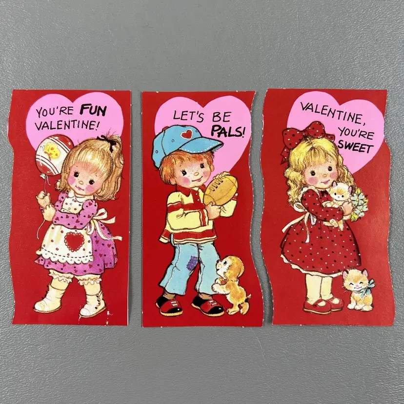Lot Of 3 Vintage Valentine Greeting Cards Children Cat Dog Hearts Bow
