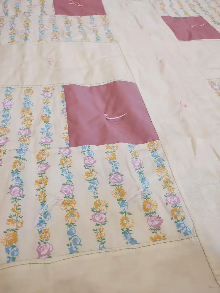 Handmade Quilted Baby Blanket Yellow Pink Floral Blocks Pattern 40x50