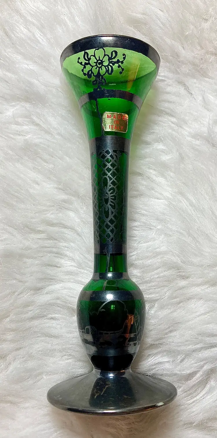 Vintage Emerald Green Italian Hand Blown With Silver Inlay Bud Vase