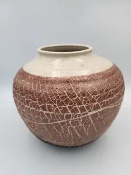 Artist Signed Large Dark Pink/Black Textured Raku Fired Round Vase 7"H