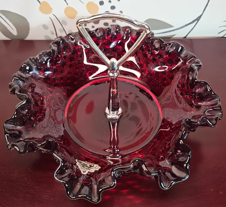 Vtg Fenton Art Glass Ruby Red Hobnail Crimped Ruffled Bowl Candy Dish w/ Handle