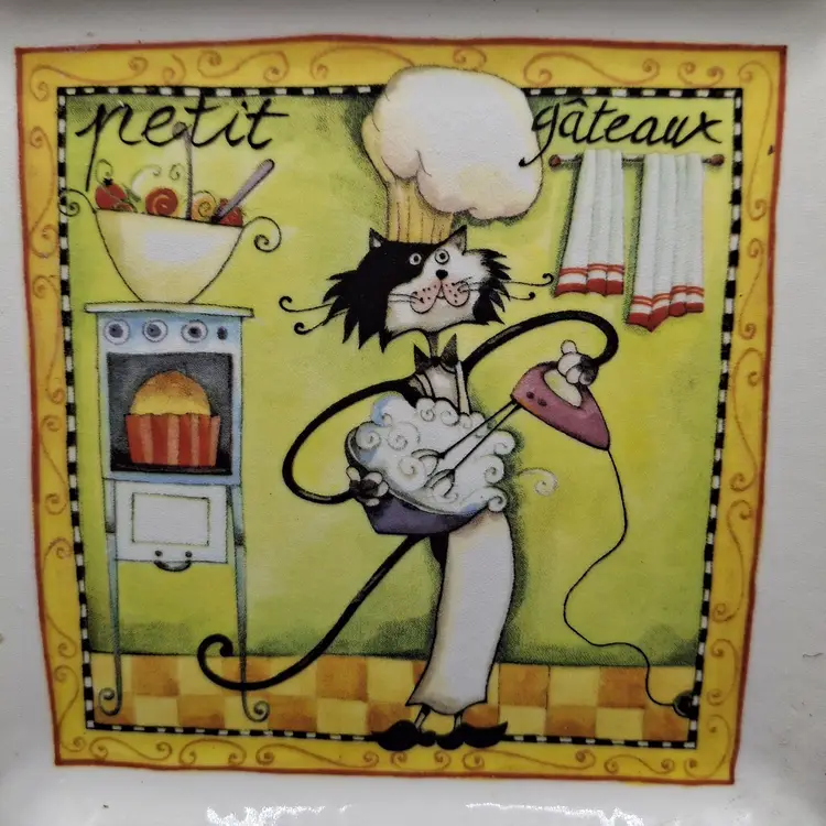 Cat Chef Square Ceramic Plate 7.75"x7.75" Made In Italy With Cartoon Design