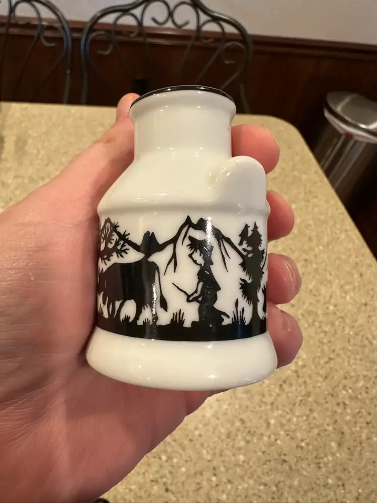 Ceramic mini milk jug/personal creamer with black design, stamped Switzerland