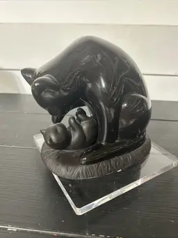 Vtg CERAMIC 7” CAT Mother and Child Kitten black Figurine.Decorative TAIWAN