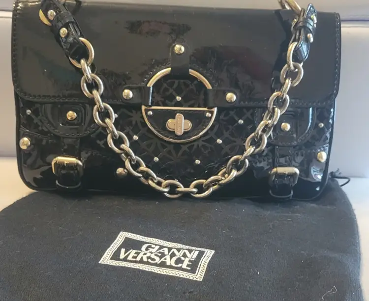 Vintage Gianni Versace Black Patten Leather Shoulder Bag