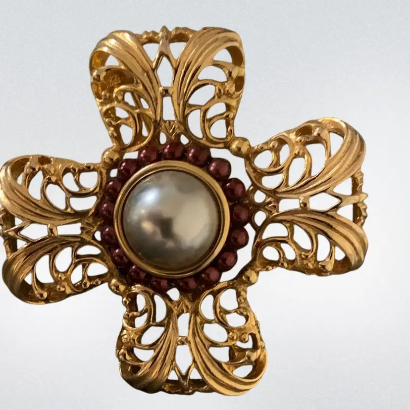 #01 Vintage Napier Gold Tone Maltese Brooch With Pearl Center Surrounded By Cranberry Faux Seed Pearls.