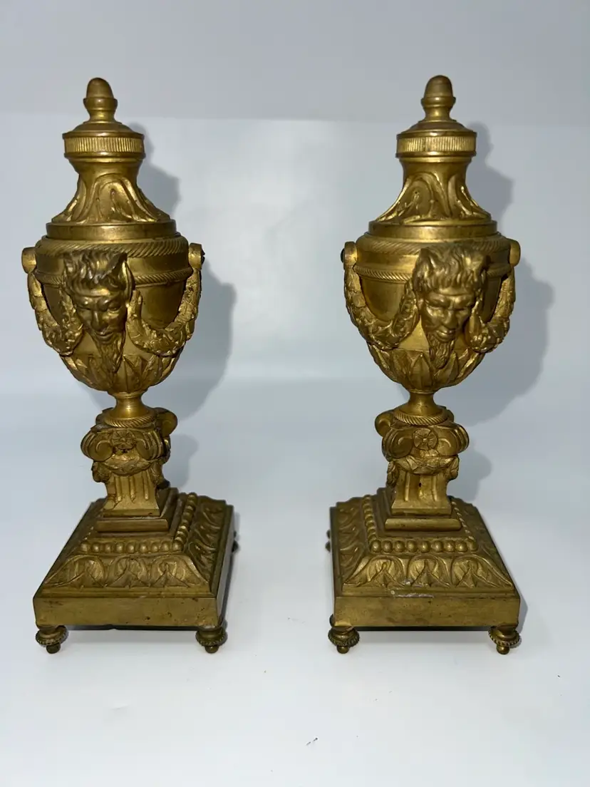 2 Gilt Bronze Louis XVI Cassolettes Candleholder Incense Burner Urn Devil Face Antique