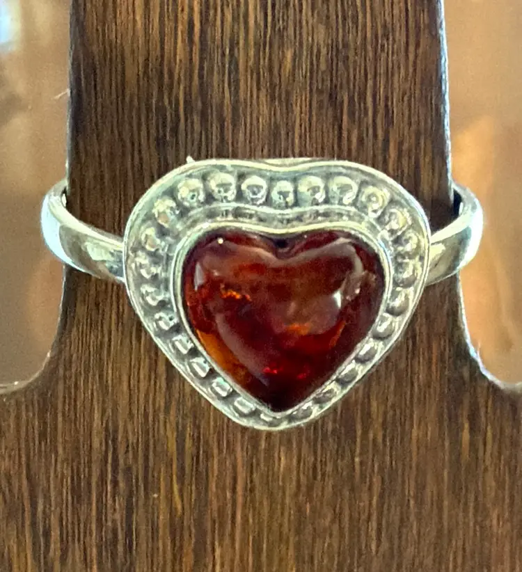 Sterling Silver Heart Shaped Amber Ring. Size 7
