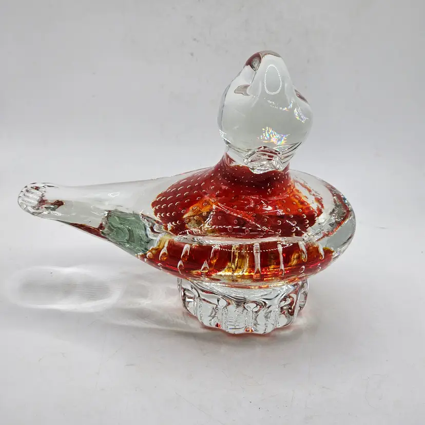 Glass duck paperweight red and controlled bubbles Figurine glows