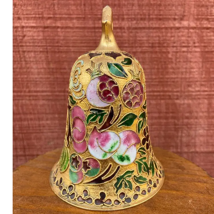 Cloisonné Bell Ornament, Gold Tone with Enamel, Purple Grapes, And Pink Florals / Fruit And Green Leaves. Purple Interior With Gold Tone Clapper.