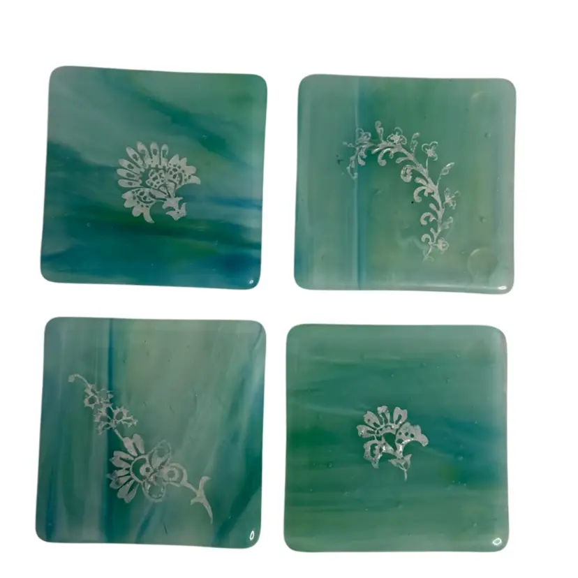 Fused Glass Coasters•Set of 4 Aqua & Sea mist Green W/White Design 
3-1/2 “ x  3-1/2”