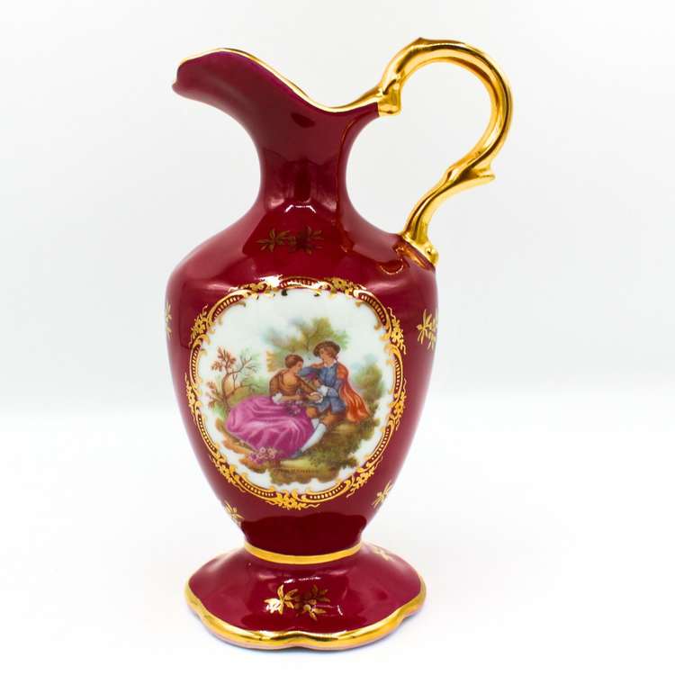 Vintage Limoges Porcelain Vase Ewer Pitcher Red Wine Burgundy Rococo Style Decor