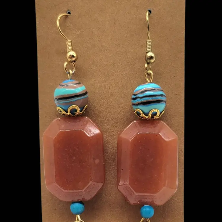 Handmade Carnelian, Rainbow Calsilica And Goldstone Chain Earrings.