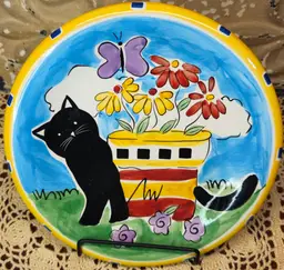 HausenWare Hand Painted Ceramic Black Cat & Flowers Decorative Plate 8"