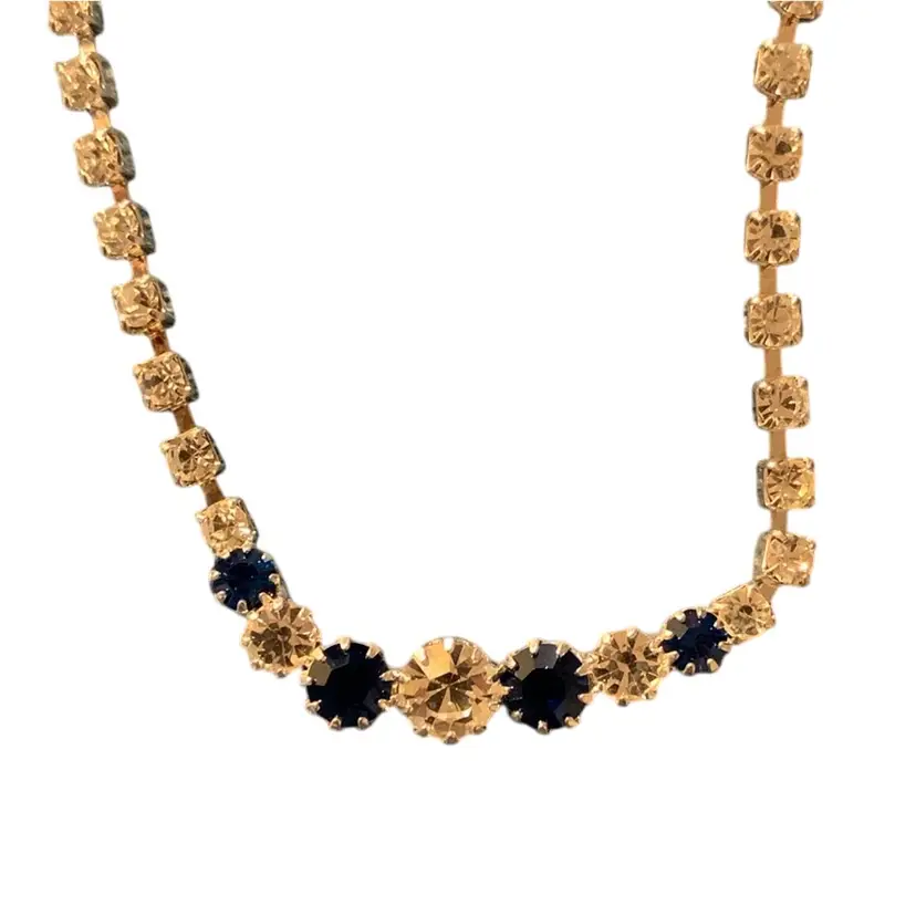 Vintage Prong Set Rhinestone Necklace Larger Blue And White Rhinestone Bottom Focal