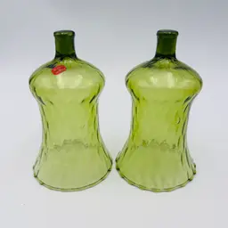 Vintage Green Blown Glass Honeycomb Quilted Votive Peg Candle Holder Pair