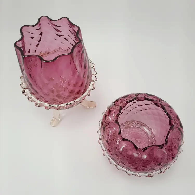 Vintage Cranberry Glass Footed Vase & Bowl Quilted W/ Golf Flake Rigaree