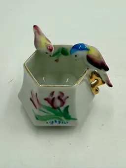 Vintage Hand Painted Porcelain Open Salt Cellar Trinket Dish Two Birds Gold Trim