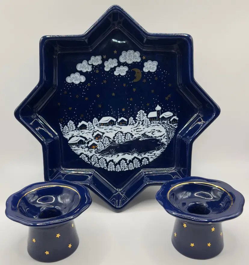 Vintage 1980’s Winter Dreams Star-Shaped Winter Scene Plate & 2 Candle Holders, Festive Holiday Christmas Decor, By Waechtersbach, Made in Germany